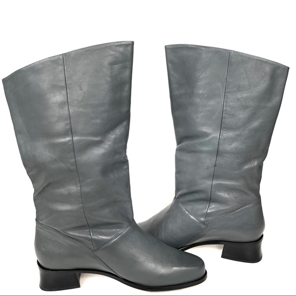 Markon Gray Leather Shelly Mid Calf Boots with Block Heels Size 11 - Picture 3 of 13